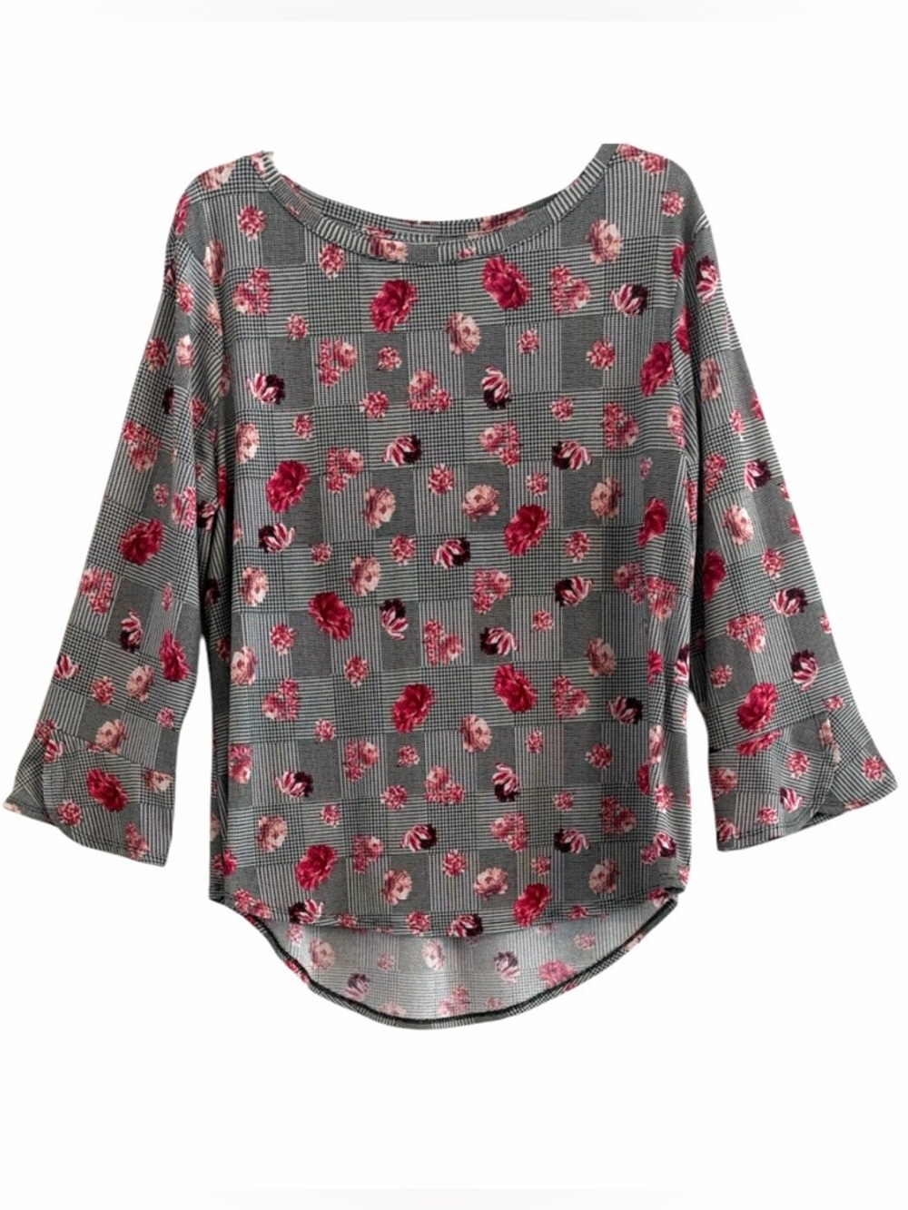 Elle Houndstooth Floral 3/4 Tulip Sleeve High Low Hem Top Size L